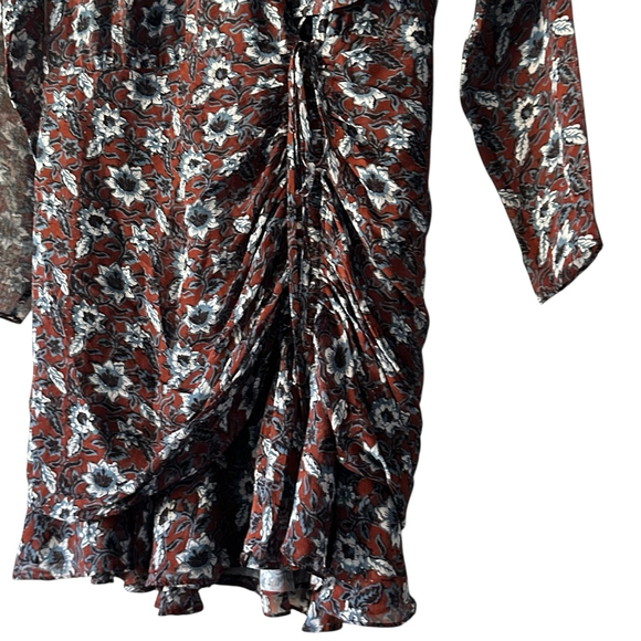 Veronica Beard Silk Floral Ruched Mini Dress Brown Blue Size 4 Long Sleeve - Picture 5 of 10